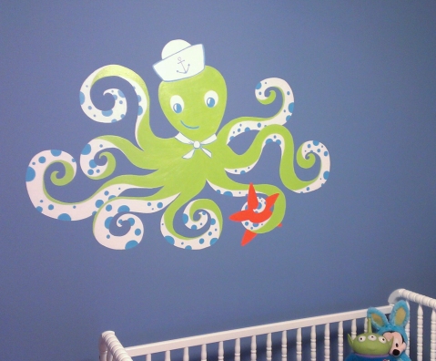 Octopus mural over crib nursery mural painting