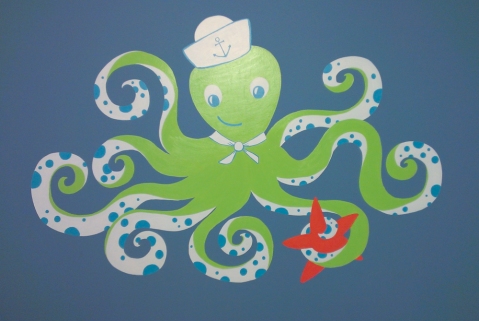 Octopus Nusery Mural with Sailor Hat and Starfish